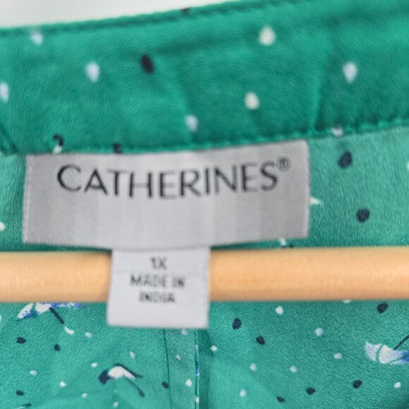 Catherines Blue Cafe Umbrella Novelty 3/4 Sleeved Buttoned Down Blouse 1x - Picture 7 of 9